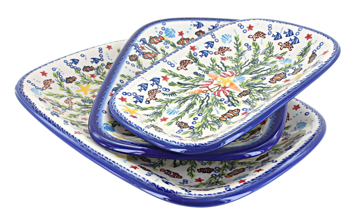 Blue Rose Polish Pottery Misty 3 Piece Rectangular Serving Set