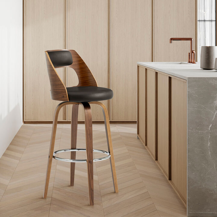 Axel Swivel Bar Stool in Brown Faux Leather and Walnut Wood