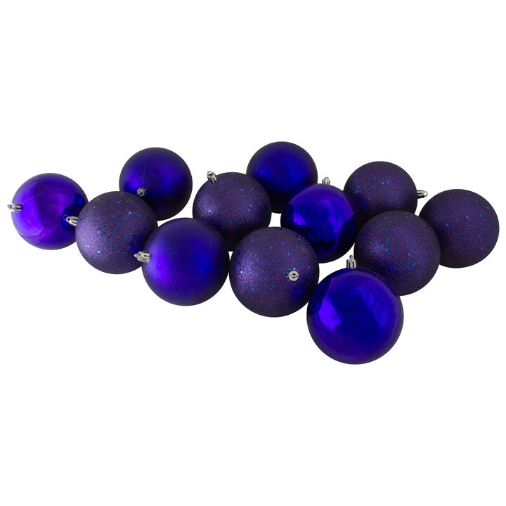 12ct Indigo Blue Shatterproof 4-Finish Christmas Ball Ornaments 4" (100mm)