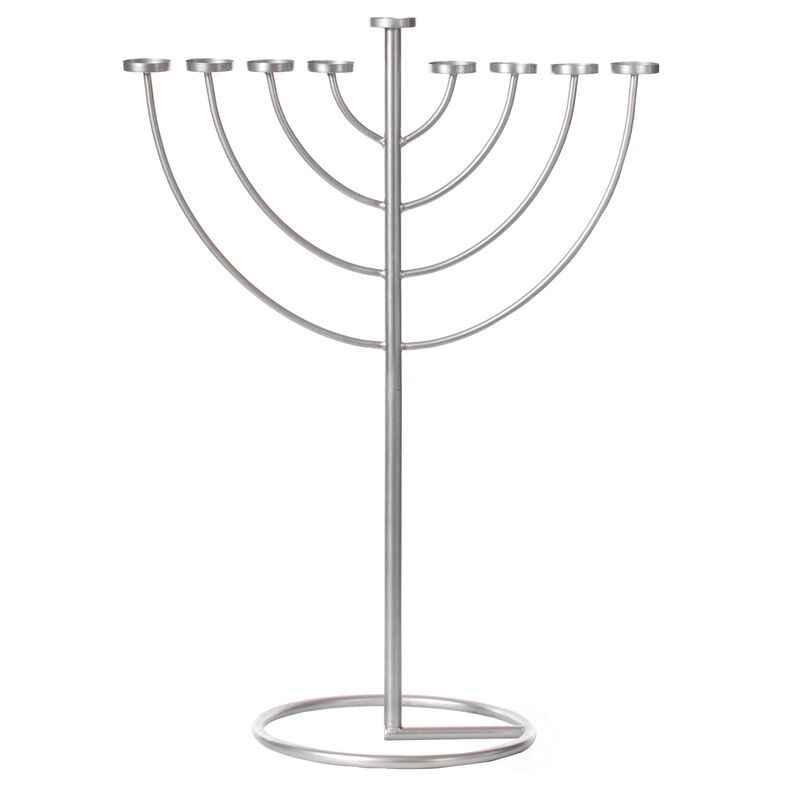 Medium Modern Silver 9 Branch Lighting Thin Pipe Hanukkah Menorah, Metal-Aluminum