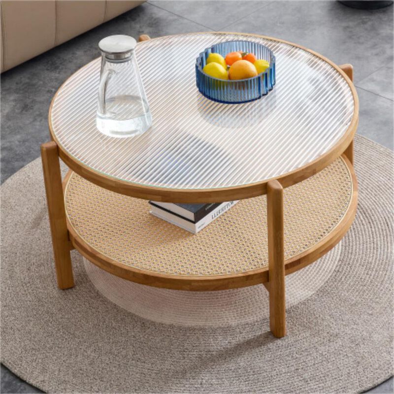 Modern simple circular double-layer solid wood tea table rattan woven Chinese side table small round table suitable for living room, dining room and bedroom