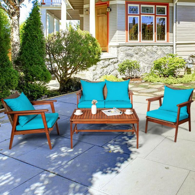 Hivvago 4 Pieces Acacia Wood Patio Rattan Furniture Set with Zippered Cushions