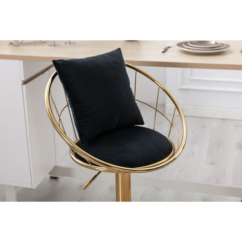 Black velvet bar chair, pure gold plated, unique design，360 degree rotation, adjustable height，Suitable for Dining room and bar，set of 2
