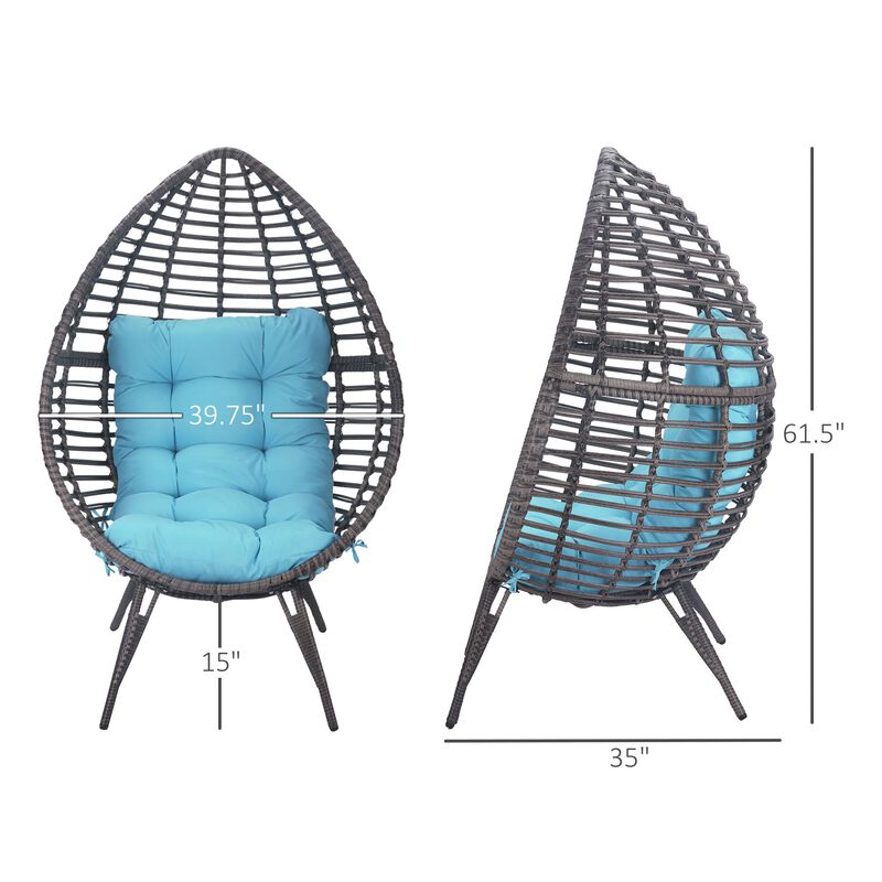 Teardrop Wicker Lounge Chair with Soft Cushion, PE Rattan Egg Cuddle Chair with Height Adjustable Knob for Backyard, Patio, Sky Blue