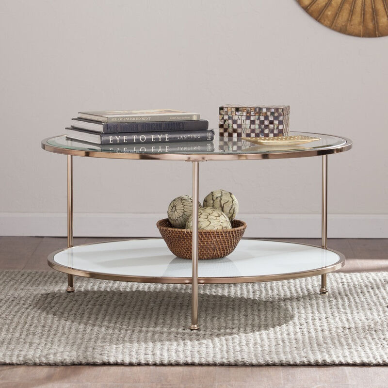 Homezia 34" Gold Glass And Metal Round Coffee Table