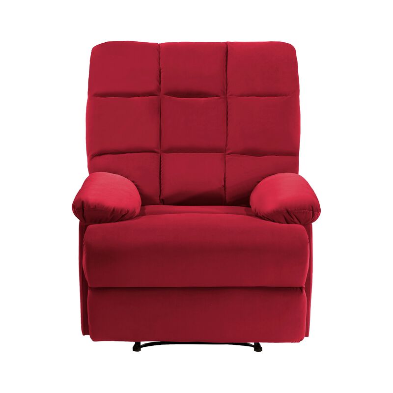 Patty 36 Inch Manual Recliner Chair, Soft Cushion, Red Velvet, Solid Wood - Benzara