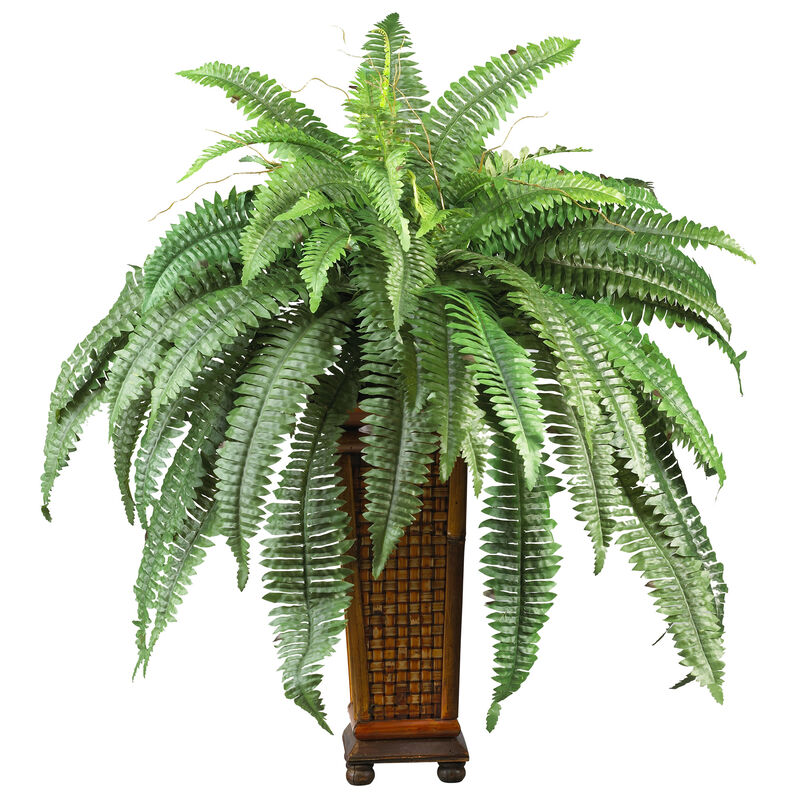 HomPlanti Boston Fern w/Decorative Wood Vase Silk Plant