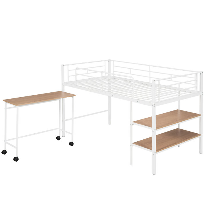 Twin Size Metal Loft Bed With Desk And Shelves