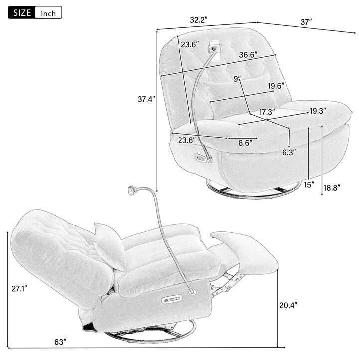 270 Degree Swivel Power Recliner with Voice Control, Bluetooth Music Player, USB Ports, Atmosphere Lamp, Hidden Arm Storage and Mobile Phone Holder for Living Room, Bedroom, Apartment, Grey