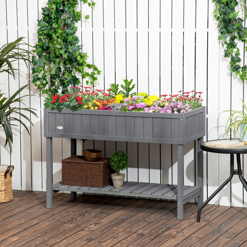 Outsunny Raised Garden Bed with 8 Pockets and Shelf, Wooden Elevated Planter Box with Legs to Grow Herbs, Vegetables, and Flowers, Dark Gray