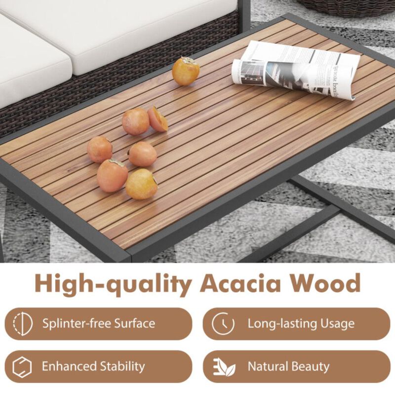 Hivvago 2 Pieces Patio PE Wicker Furniture Set with Acacia Wood Coffee Table