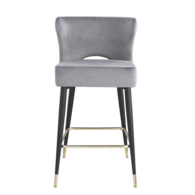 Furniture Contemporary Velvet Upholstered Counter Height Stool with Gold Tipped, Black Metal Legs, 22" W x 19" D x 38.5" H, Gray