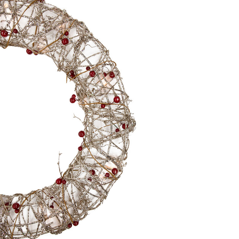 Pre-Lit Champagne Gold Glittered Rattan Berry Artificial Christmas Wreath - 18-Inch  Clear Lights