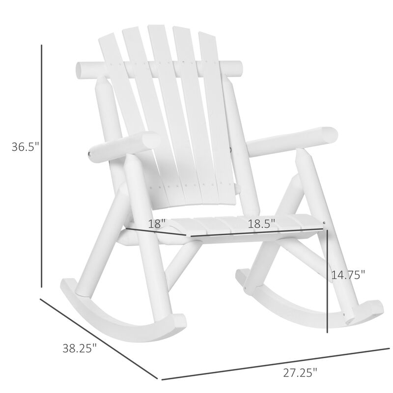 Outsunny Outdoor Wooden Rocking Chair, Single-person Rustic Adirondack Rocker with Slatted Seat, High Backrest, Armrests for Patio, Garden and Porch, White