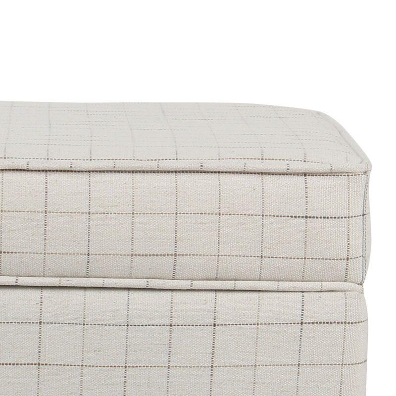 Wooden Square Ottoman with Grid Patterned Fabric Upholstery and Hidden Storage, Beige and Brown - Benzara