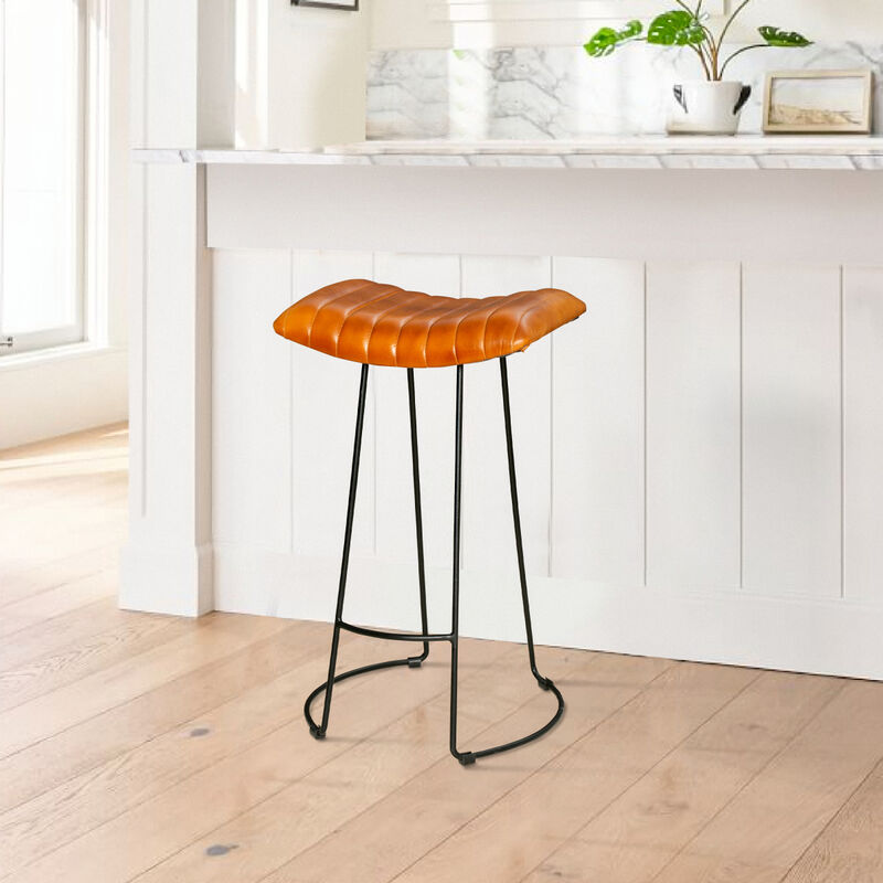 Industrial Barstool with Curved Genuine Leather Seat and Tubular Frame, Tan Brown and Black