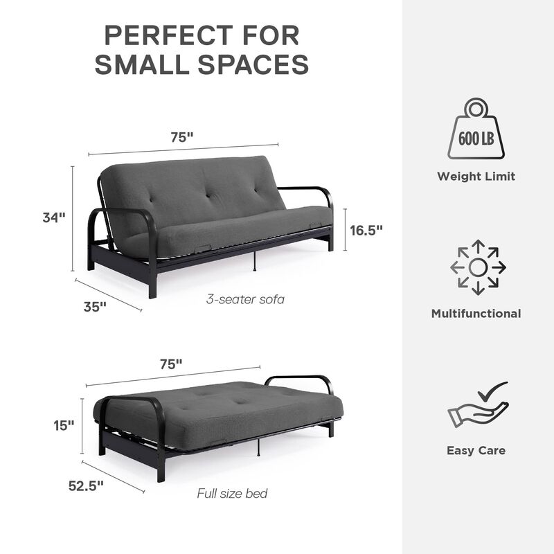 Max Black Metal Arm Full Size Futon Frame with 6” Thermobonded High Density Polyester Fill Gray Futon Mattress