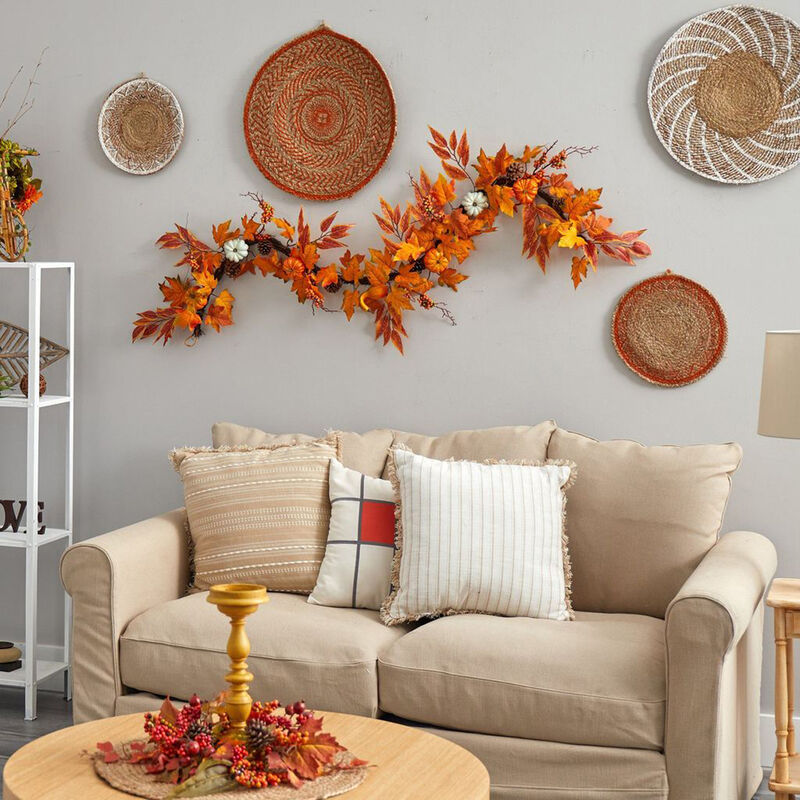 Nearly Natural 6-ft Assorted Autumn Maple Leaves, Pumpkins, Gourds, Berries and Pinecone Artificial Fall Garland