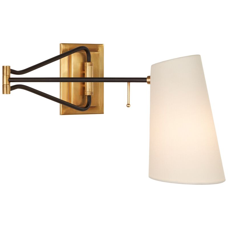 Keil Swing Arm Wall Light in Hand-Rubbed Antique Brass and Black with Linen Shade