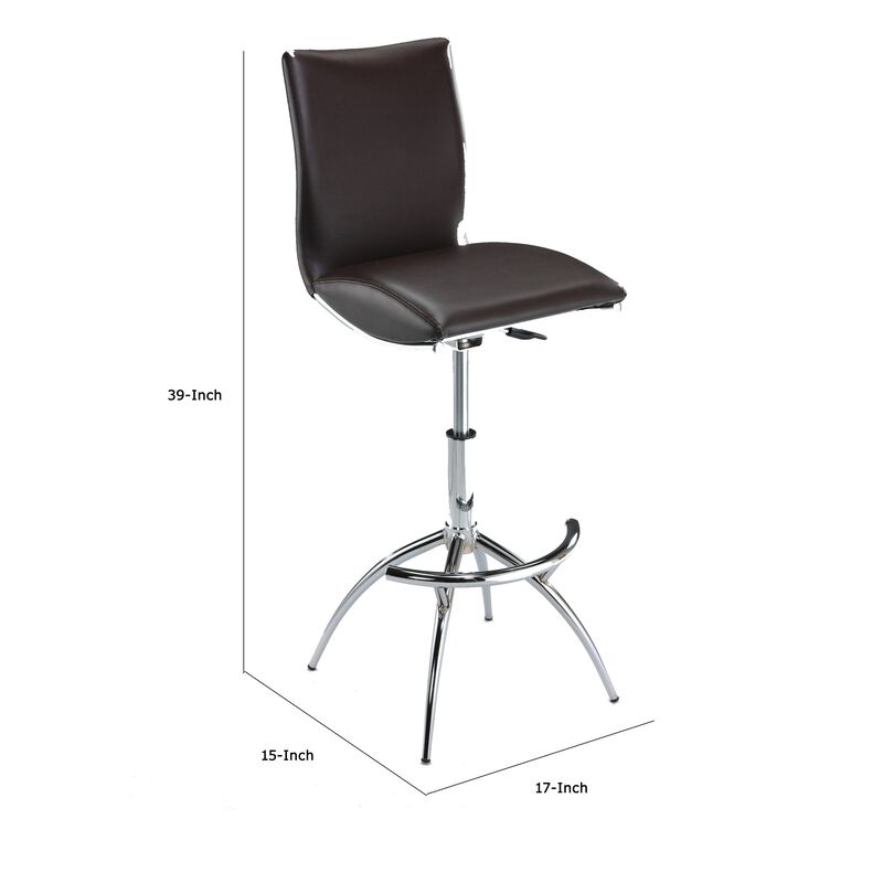 Deko 26-31 Inch Adjustable Height Barstool Chair, Set of 2, Chrome Brown Faux Leather - Benzara