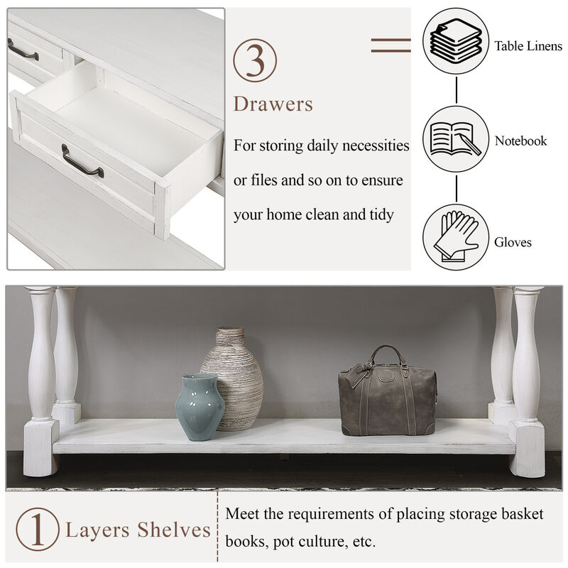 63 inch Long Wood Console Table with 3 Drawers and 1 Bottom Shelf for Entryway Hallway Easy Assembly Extra-thick Sofa Table (Antique White)