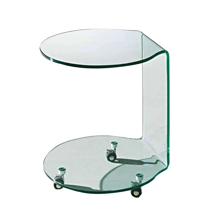 24 Inch Curved Glass End Table, Cylindrical Design, Caster Wheels, Clear - Benzara