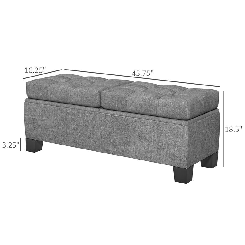 46" Gray Storage Ottoman: Button Tufted, Steel Frame