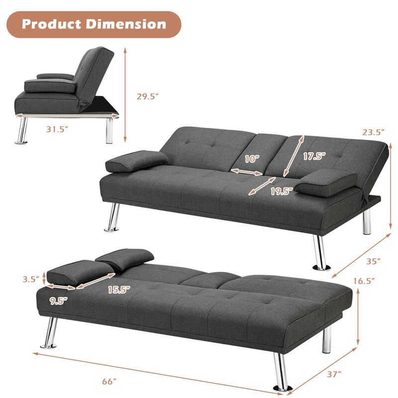 Convertible Folding Futon Sofa Bed Fabric with 2 Cup Holders