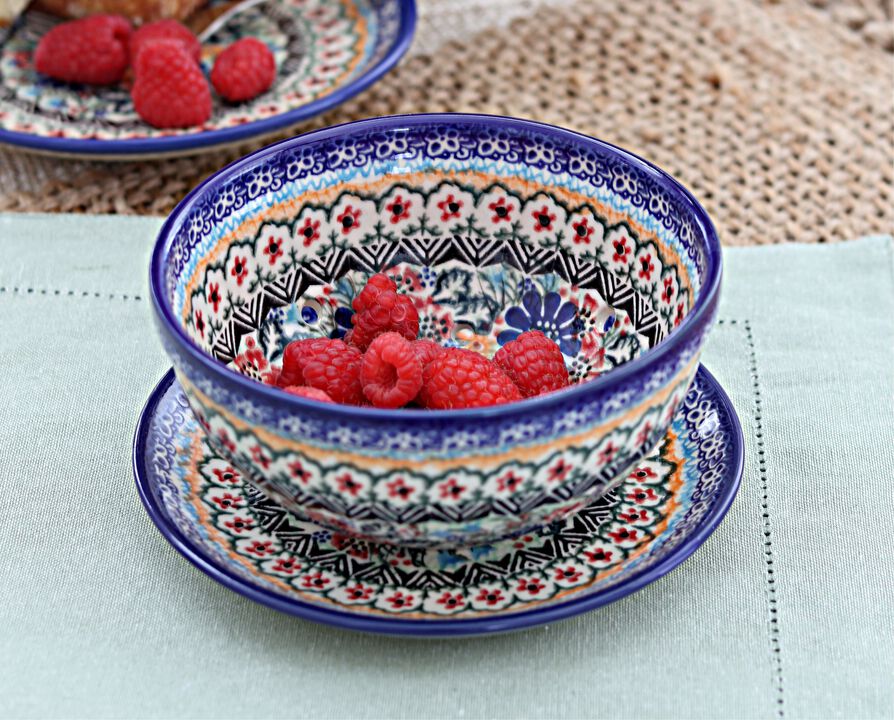 Blue Rose Polish Pottery Spring Blossom Berry Bowl with Saucer