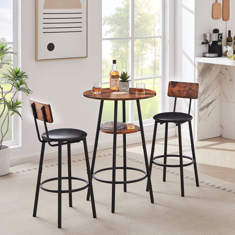 Round Barstool set with shelf, upholstered stool with backrest, Rustic Brown, 23.62" W x 23.62" D x 35.43" H