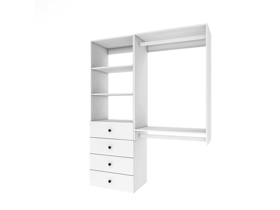 Closet Organizer System, Closet System with 4 Drawers, Walk in Closet Organizers and Storage with 3 Shelves Wall Mounted and 2  Clothing Racks, White Wardrobe Closet