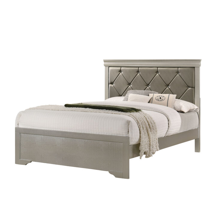 Beige Champagne Finish Queen Panel Bed with Crocodile Texture PU Headboard