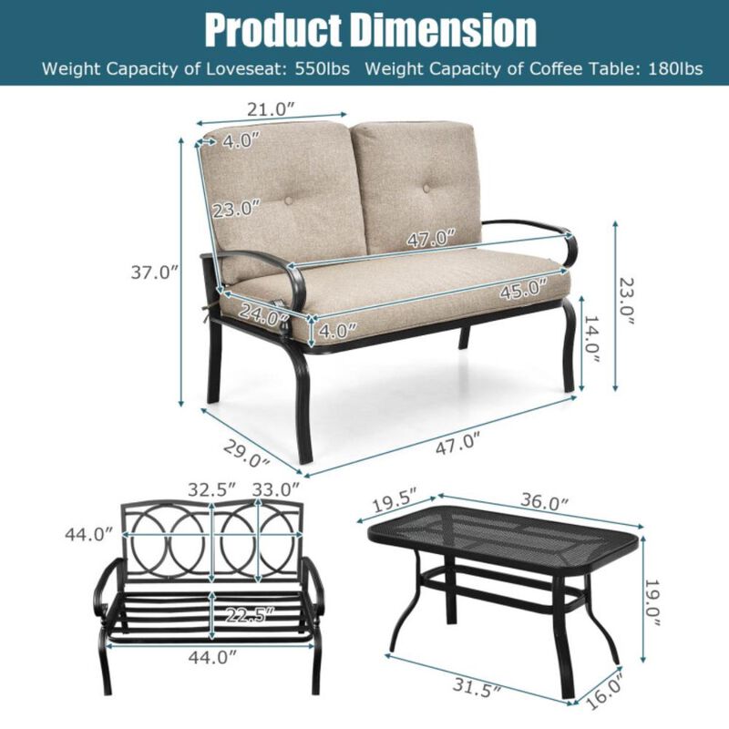 Hivvago 2 Pieces Patio Loveseat Bench Table Furniture Set with Cushioned Chair