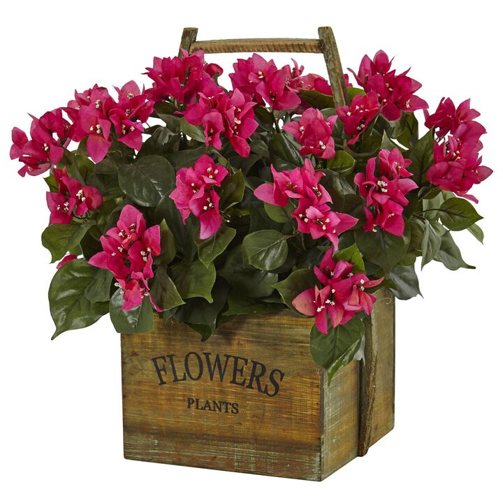 Nearly Natural 18-in Bougainvillea in Rustic Wood Planter