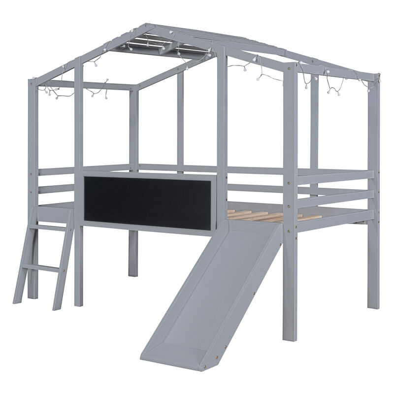 Twin Size Loft Bed with Ladder and Slide, House Bed with Blackboard and Light Strip on the Roof, Gray