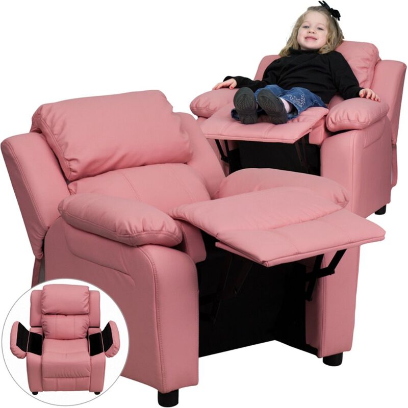 Flash Furniture Charlie Vinyl Kids Recliner with Flip-Up Storage Arms and Safety Recline, Contemporary Reclining Chair for Kids, Supports up to 90 lbs., Pink