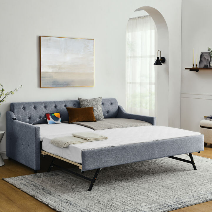 Twin Size Upholstery Day Bed with Twin Size Erectable Trundle and USB Charging Design, Linen Grey