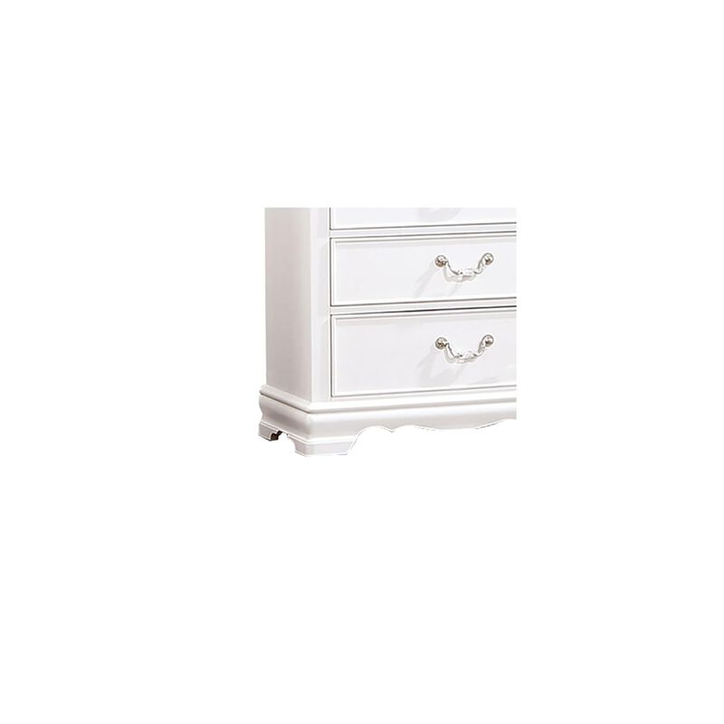 Benjara Aleci 48 Inch Tall Dresser Chest, 5 Drawers, Wood Carved, White and Nickel