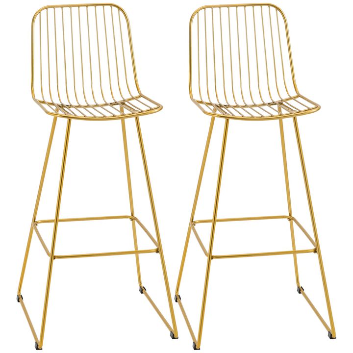 Bar Stools, Metal Bar Stools with Backs, Curved Slatted Backrest, Steel Frame for Kitchen, Bar, Bar Height Bar Stools, Gold