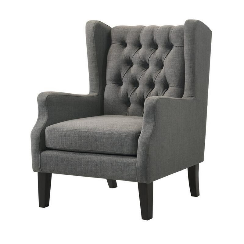 Keva 31 Inch Accent Chair, Deep Button Tufted Wingback, Soft Gray Fabric-Benzara