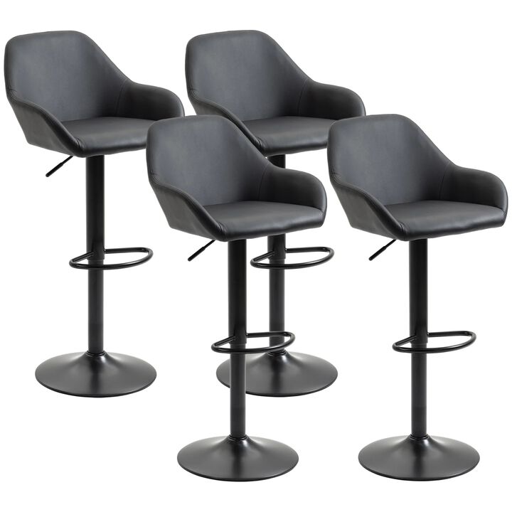 Adjustable Bar Stools, Swivel Counter Height Barstools with Footrest and Back, PU Leather and Steel Round Base, for Kitchen Counter and Dining Room, Set of 4, Black