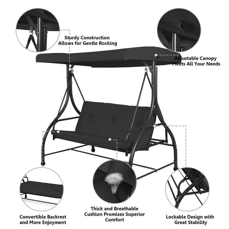 3 Seats Converting Outdoor Swing Canopy Hammock with Adjustable Tilt Canopy