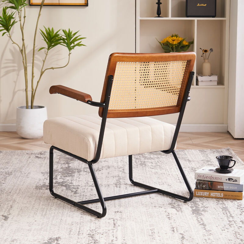 FERPIT Elegant Wicker Upholstered Accent Chair with Wooden Armrests, Ideal for Living Room, Bedroom, Reading, and Offices