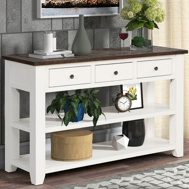 48" Solid Pine Wood Top Console Table, Modern Entryway Sofa Side Table with 3 Storage Drawers and 2 Shelves. Easy to Assemble (Antique White+ Brown Top)