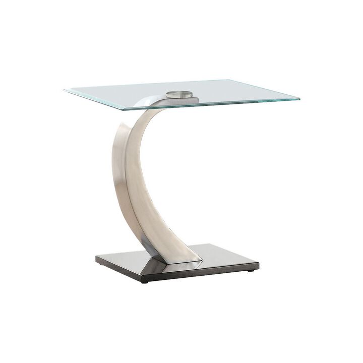 Floating Tempered Glass Top End Table with Metal Support, Clear and Silver-Benzara