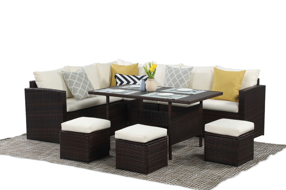 7-Pieces PE Rattan Wicker Patio Dining Sectional Cusions Sofa Set With Ivory Cushions