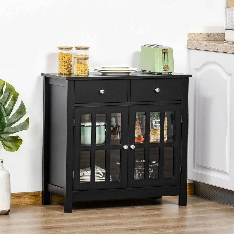 HOMCOM Sideboard Buffet Cabinet, Kitchen Cabinet with 2 Drawers and Glass Doors, Accent Cabinet for Living Room, Black