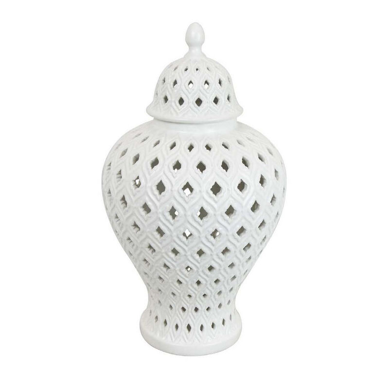 Deni 18 Inch Temple Jar, Pierced, Carved Lattice Design, Lid, White - Benzara