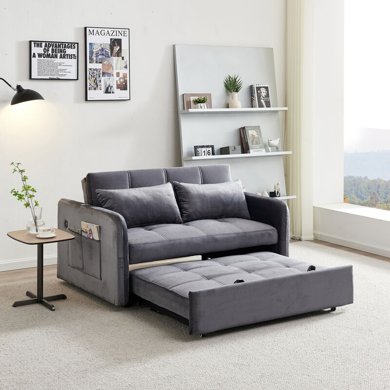 55.5" Twins PUll Out Sofa Bed Grey Velvet