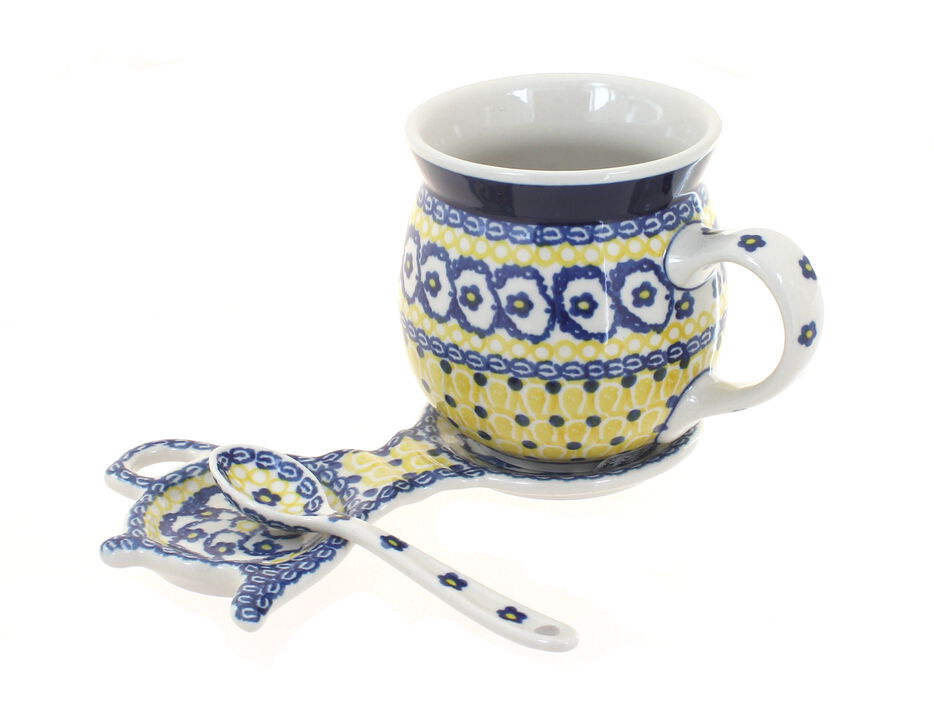 Blue Rose Polish Pottery Peacock Swirl Mug & Saucer Gift Set